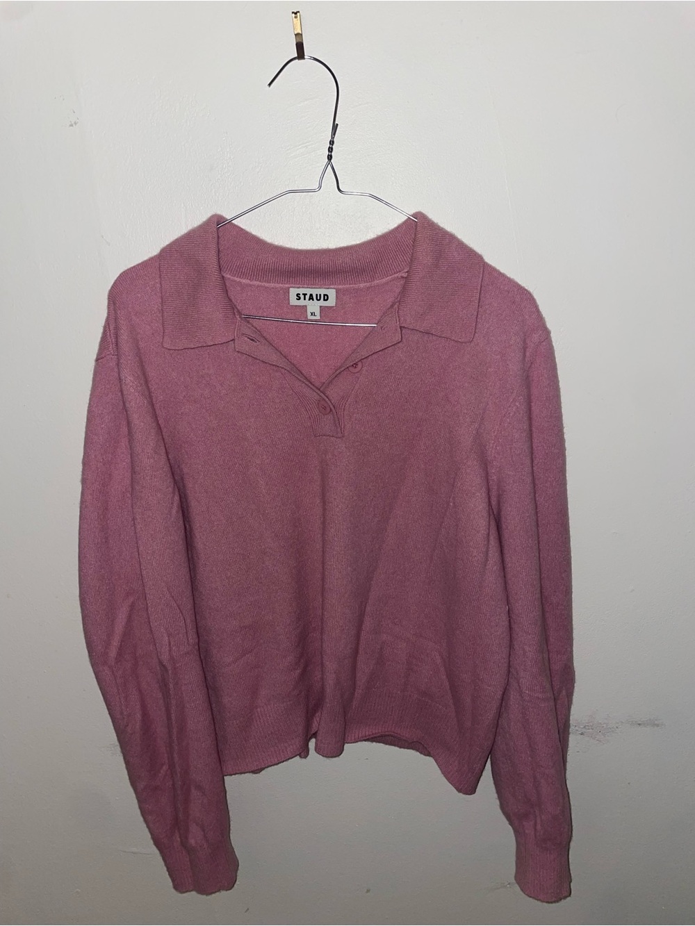 STAUD Mauve-Pink Collared V-Neck Knit Sweater